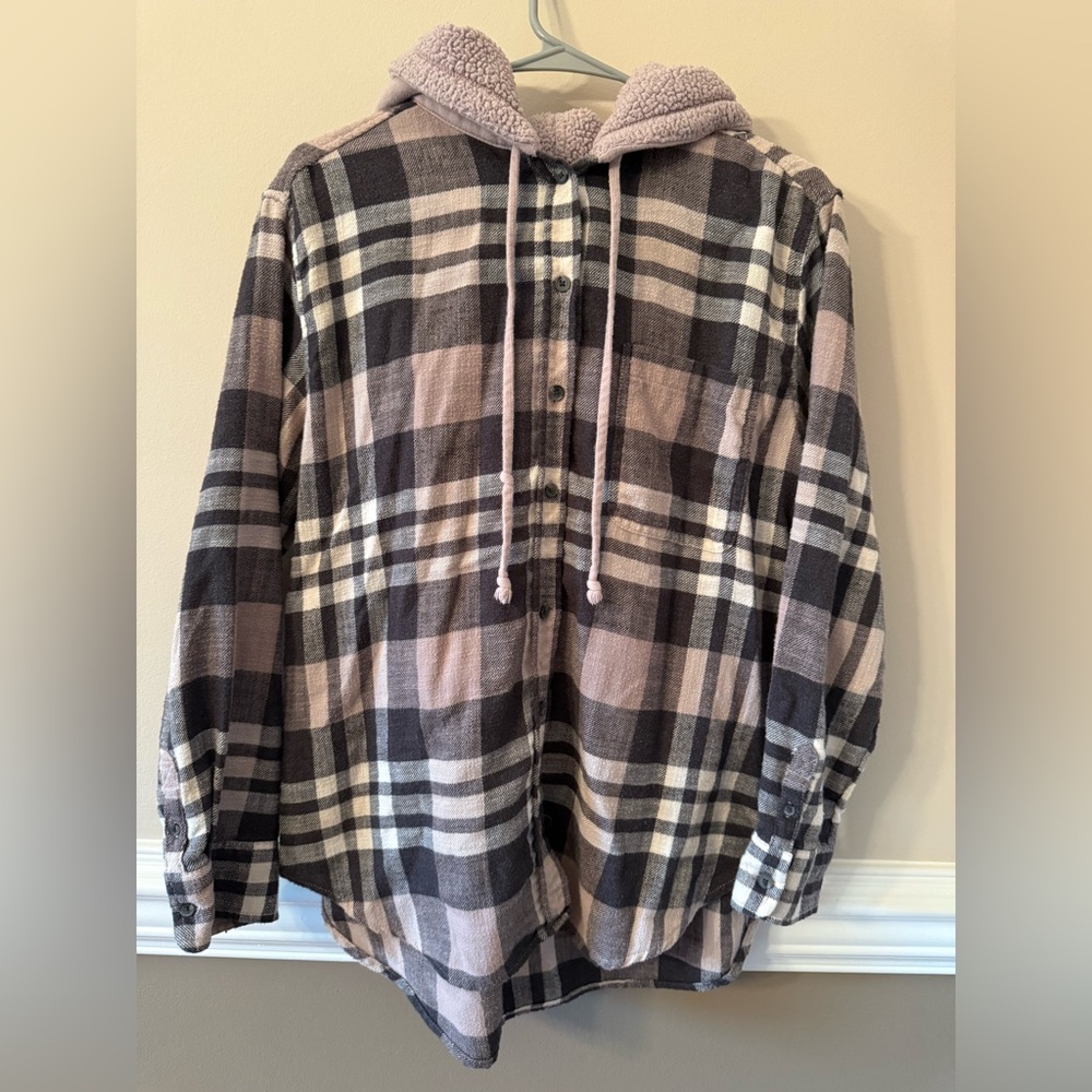American Eagle Outfitters Plaid Hoodie Sweatshirt - Black and Cream